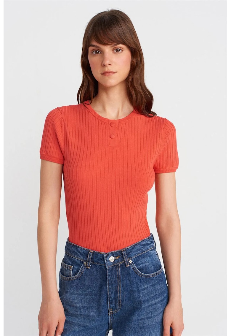 Bluze dama - Bluza cu nervuri - maneca scurta - portocaliu aprins - 83% viscoza - 17% poliamida -