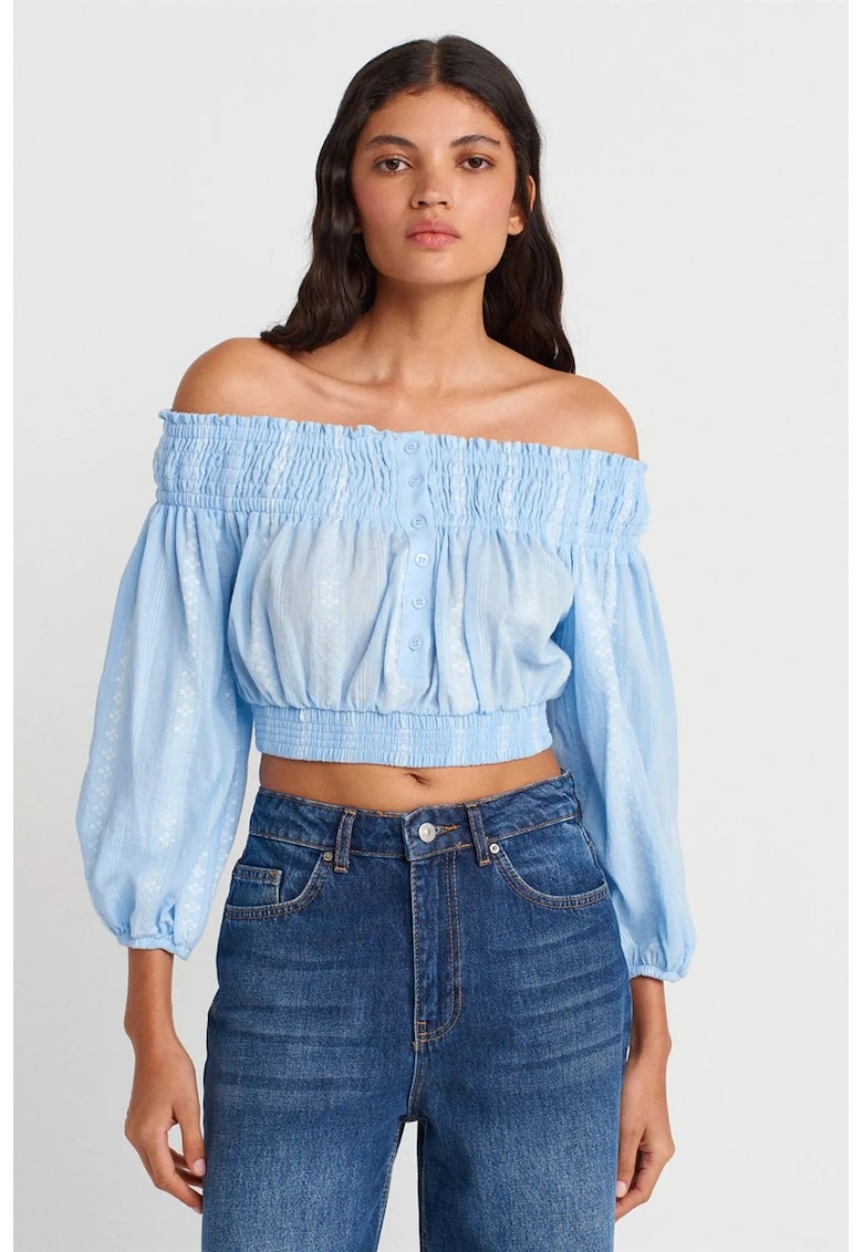Bluza dama - scurta - cu umerii goi - albastru deschis - bumbac si viscoza