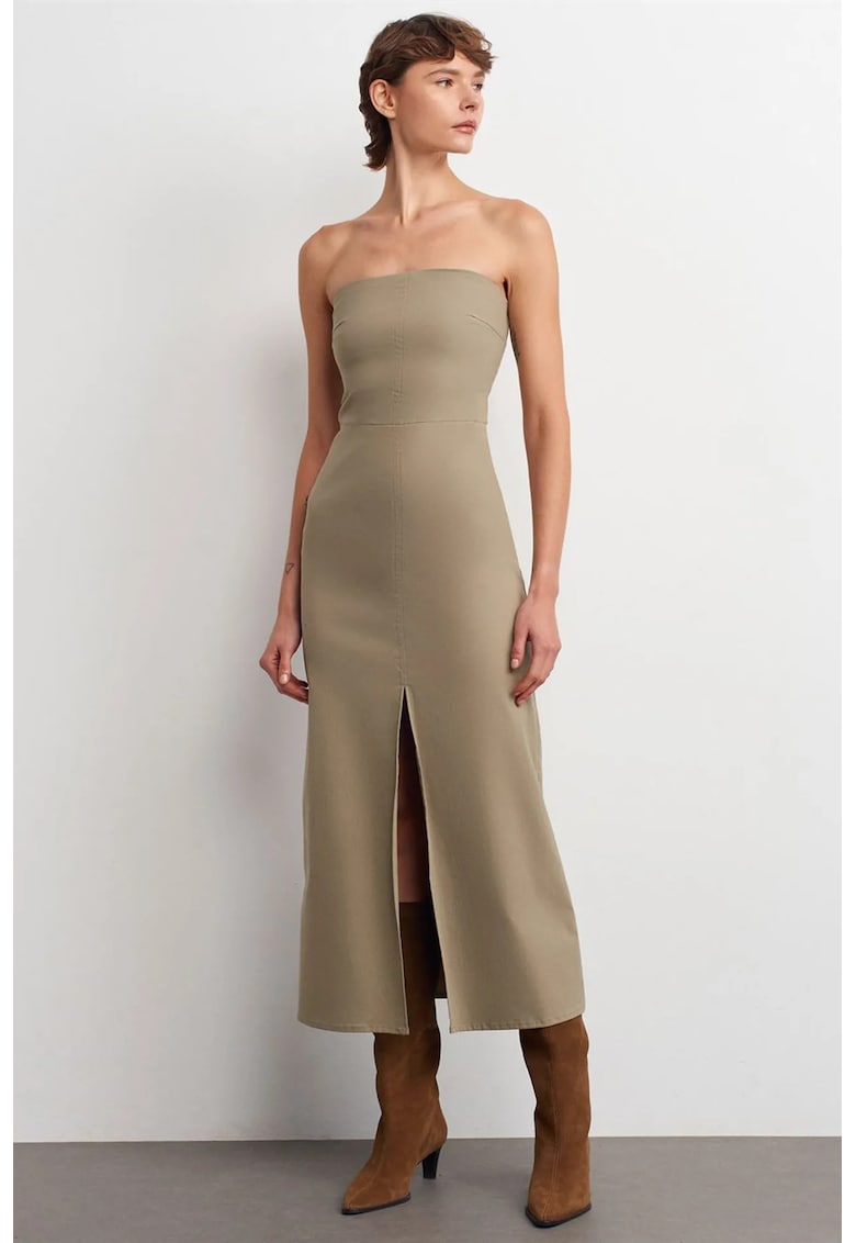 Rochie Midi Fara Bretele - Verde Kaki - Eleganta - Cu Slit - Bumbac