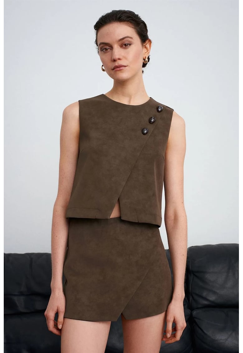 Vesta scurta din imitatie de piele - eleganta - maro cafea - poliuretan