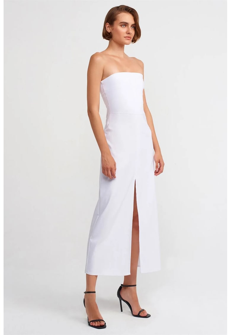 Rochie Midi Fara Bretele cu Slit Alb - Elegant - Bumbac