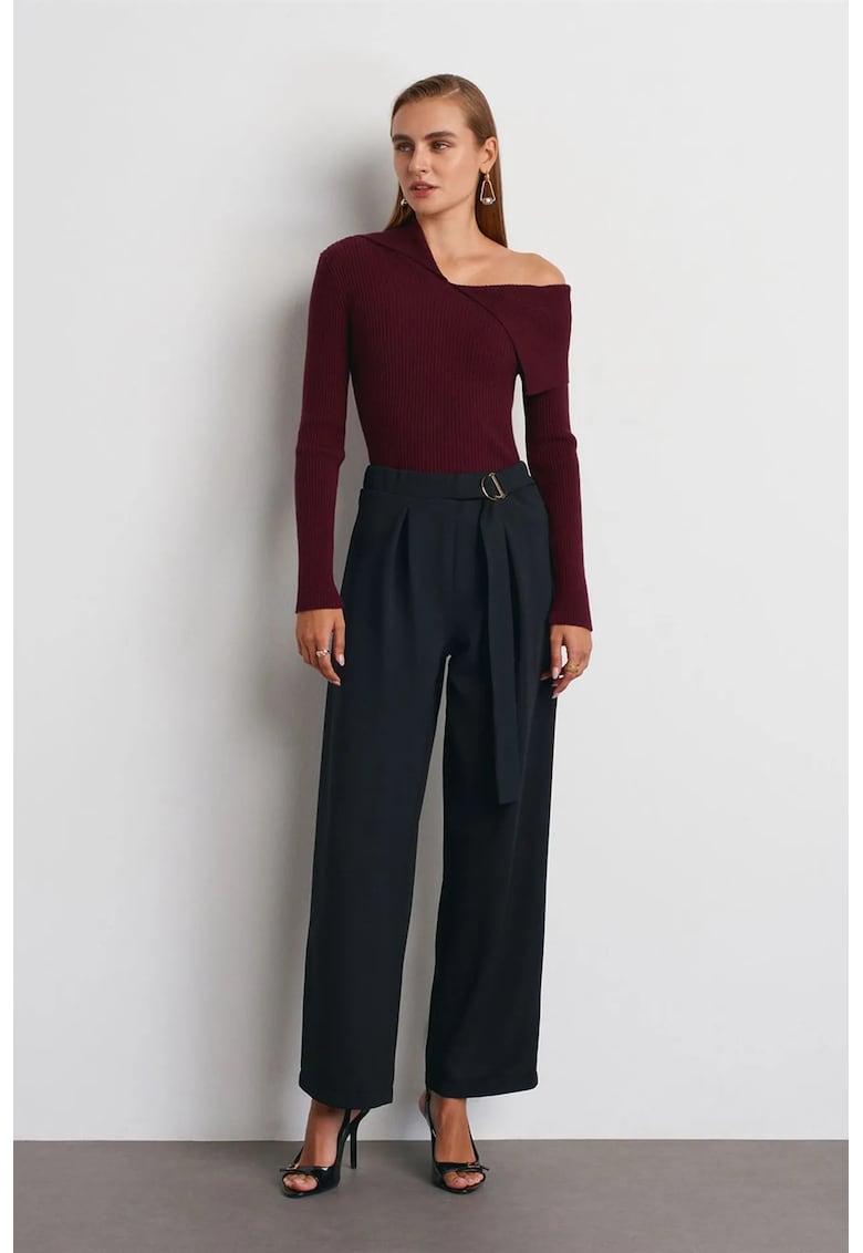 Pantaloni dama - talie inalta - picior larg - negru - crep -