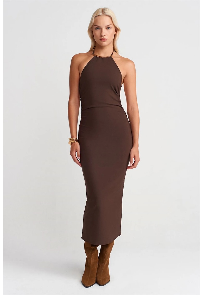 Rochie Midi - Bodycon - Guler Halter - Decupaj - Maro Cafea - 70% viscoza