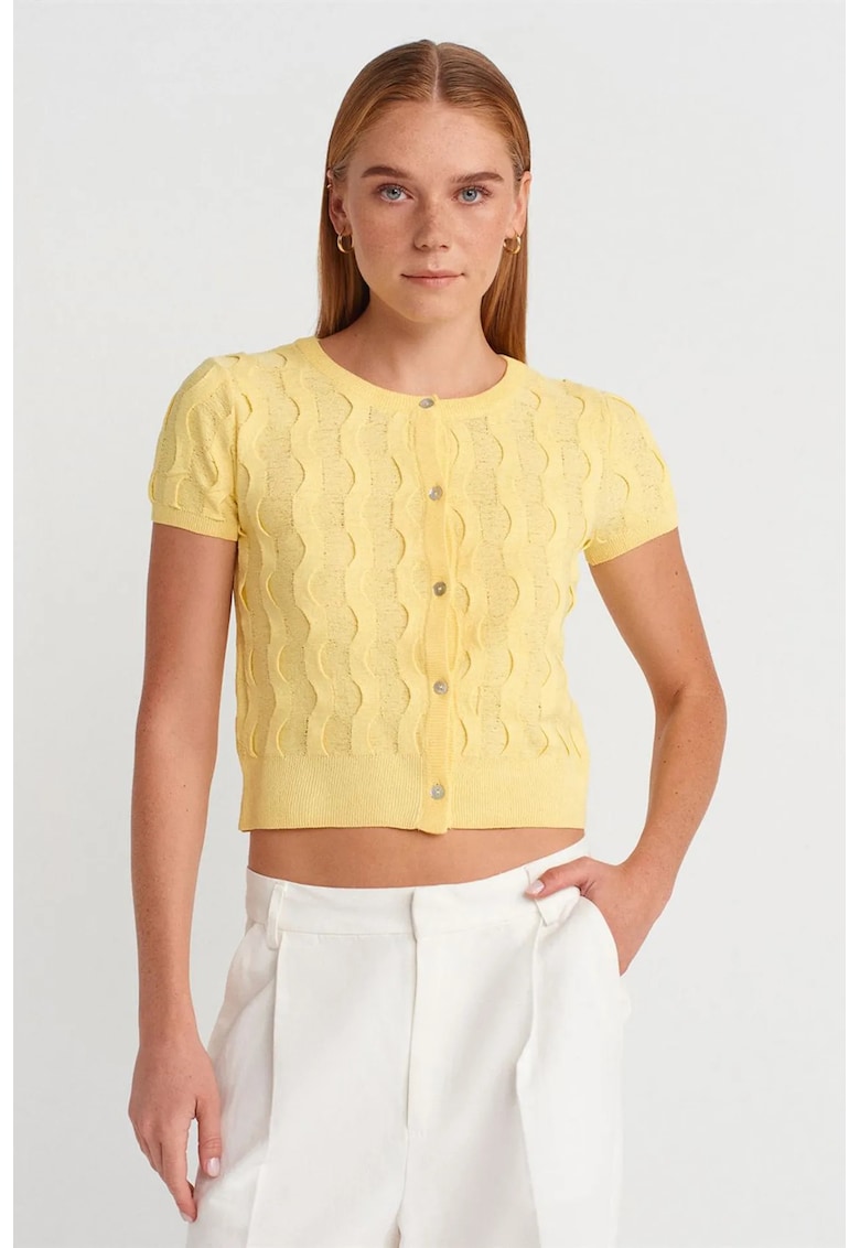 Cardigan scurt galben lamaie - 100% poliamida - cu nasturi - pentru femei -