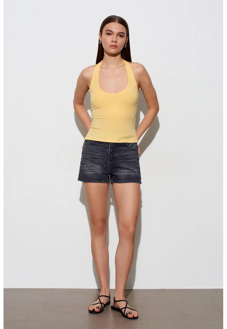 Bluze dama - bluza cu guler halter - decupaje - galben lamaie - tricot lycra -