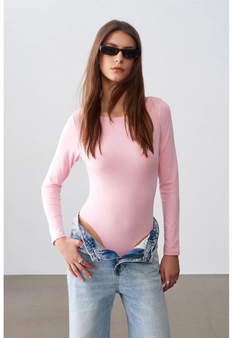Body slim fit - roz pudrat - maneca lunga - elastic - 47% modal - 46% bumbac - 7% elastan