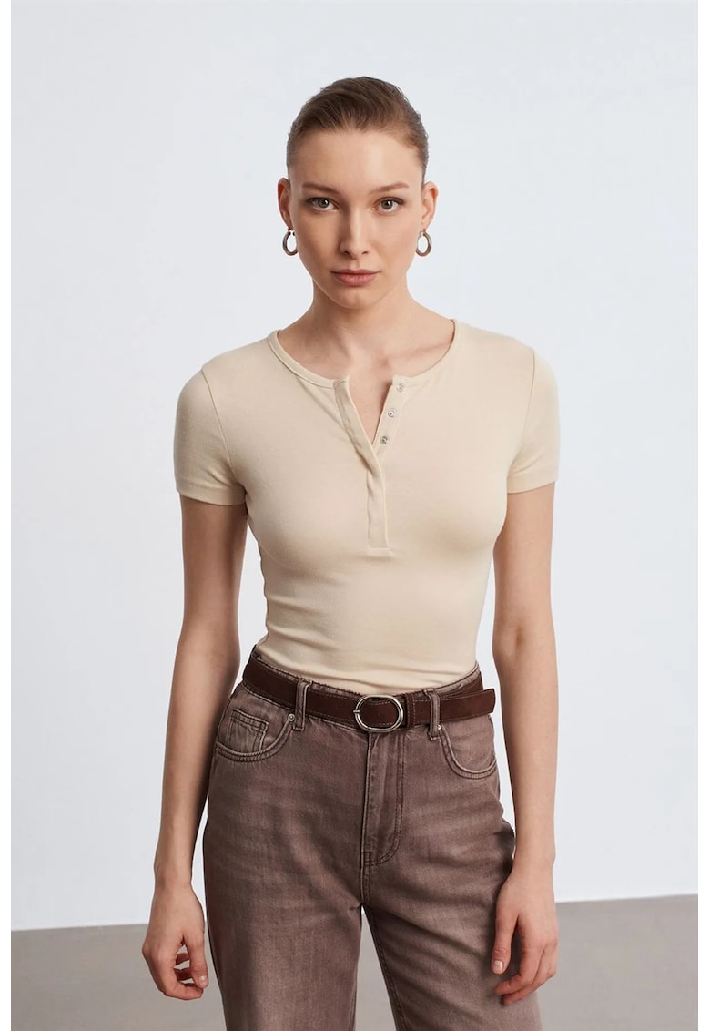Bluze dama - Bluza Slim Fit Crop - casual - bej natural - jerseu