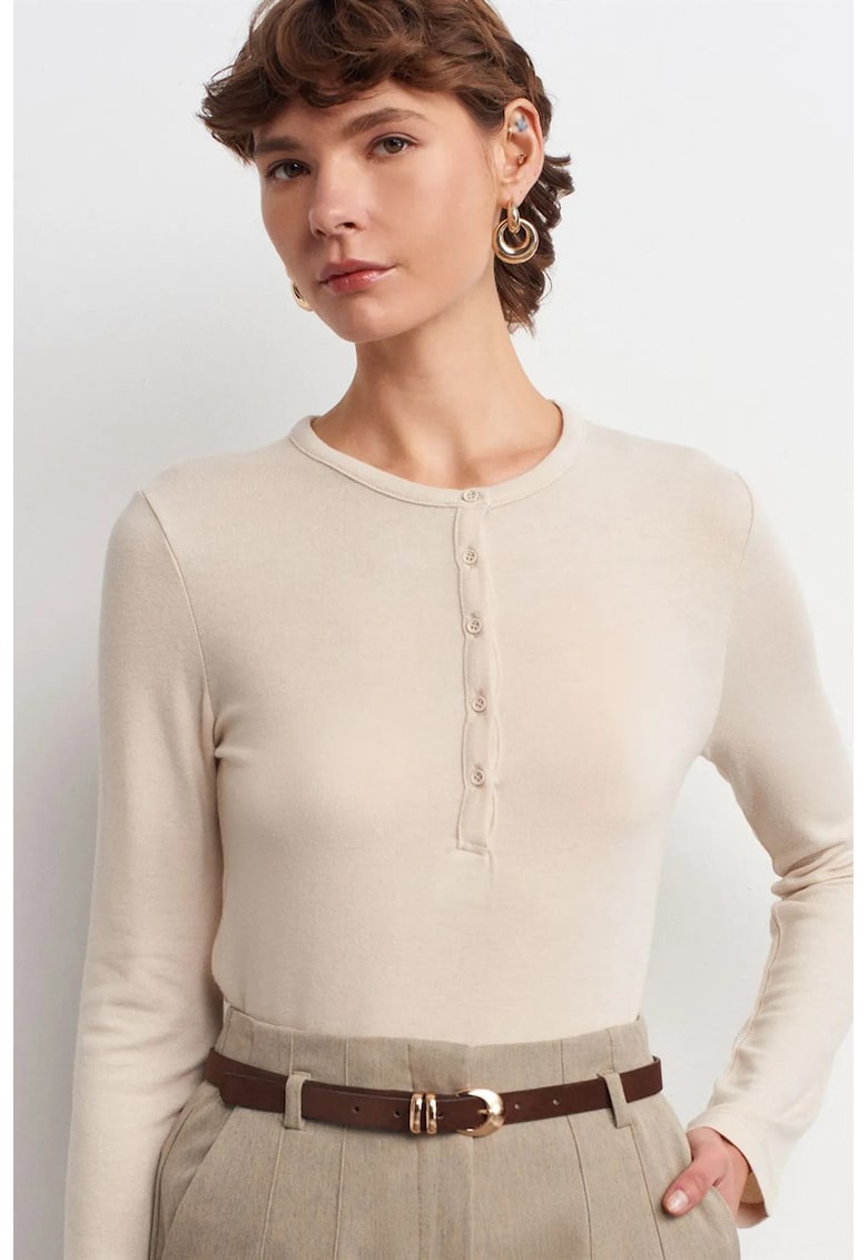 Bluza dama - Bluza Slim Fit - decolteu in V - maneca lunga - Oatmeal Natural