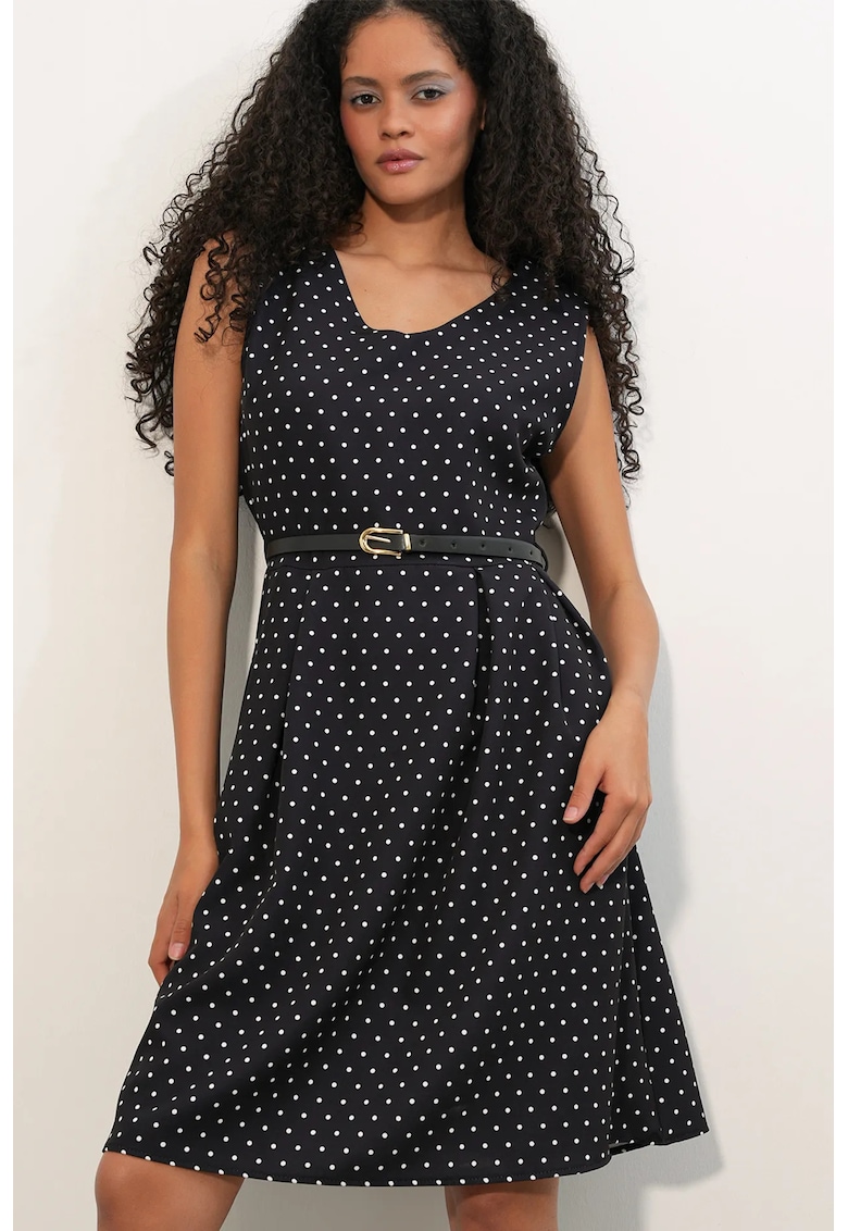 Rochie Midi cu curea - buline - negru - poliester-elastan