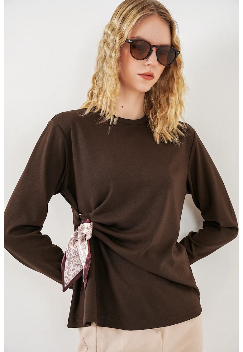 Bluze dama - Bluza cu maneca lunga - detalii cu snur - maro cafea - viscoza/poliester/elastan -