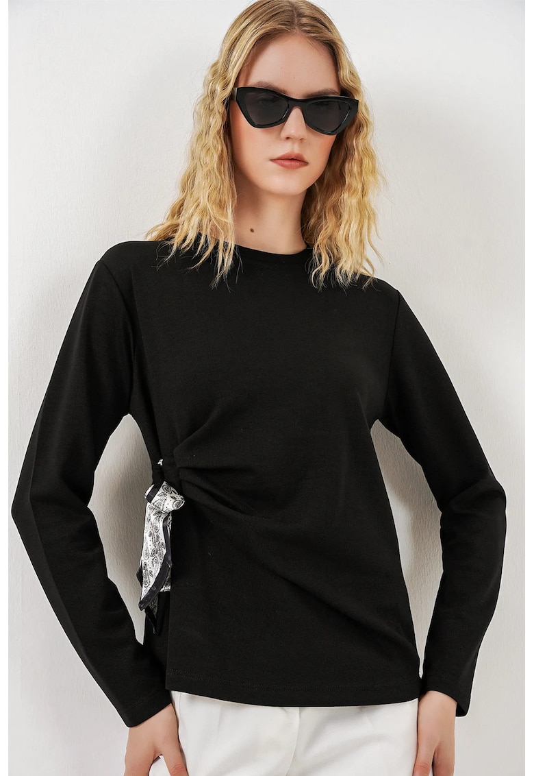 Bluze dama - Bluza cu maneca lunga - detalii cu snur - negru - viscoza/poliester/elastan