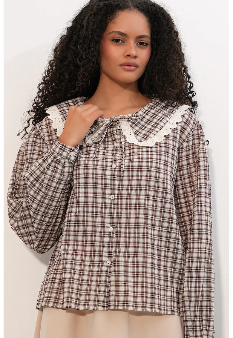 Camasi - camasa din poplin de viscoza cu carouri - multicolor - maneci lungi - detalii cu snur