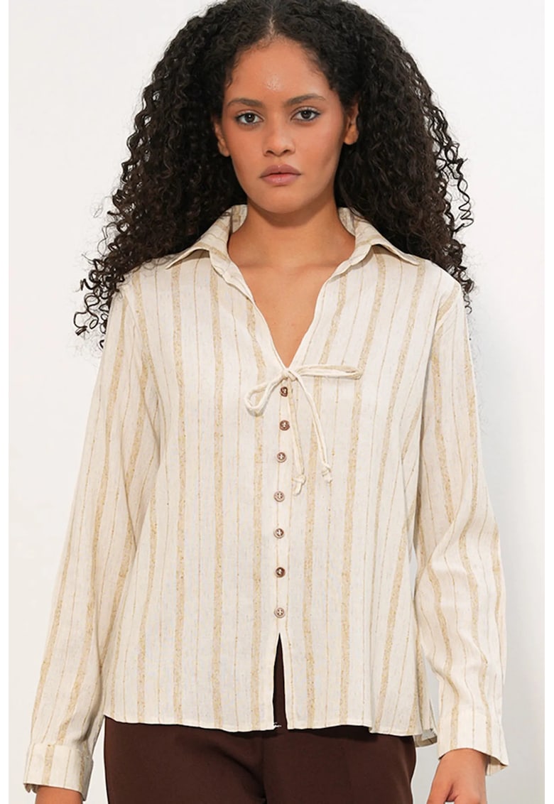 Camasi dama - camasa din amestec de in cu dungi - crem natural - casual