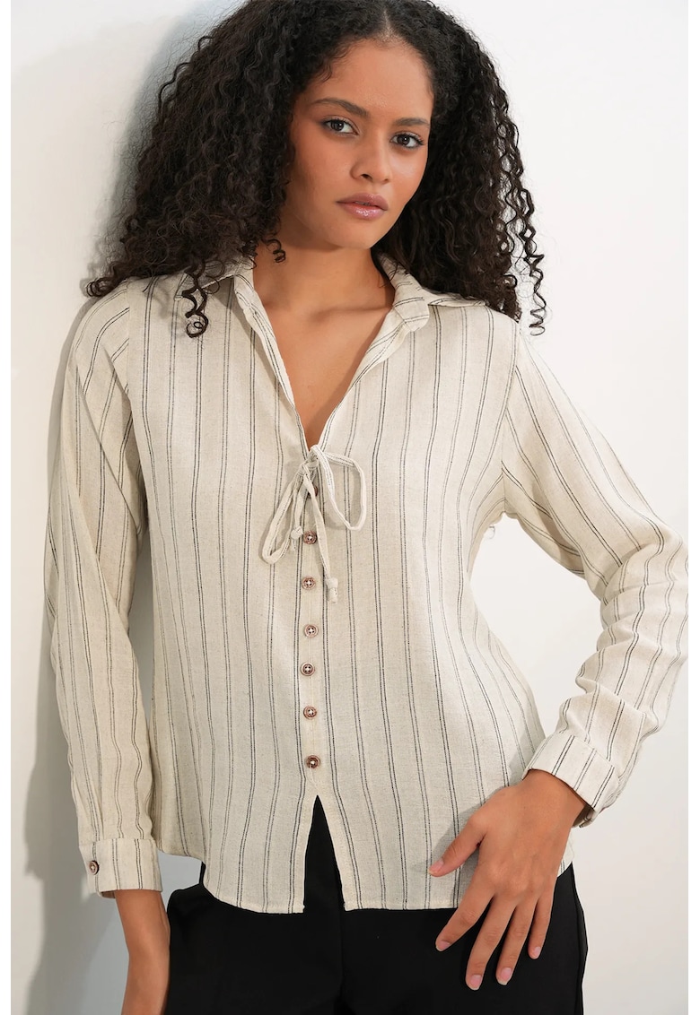Camasi dama - camasa din amestec de in cu dungi - crem natural - casual - maneca lunga -