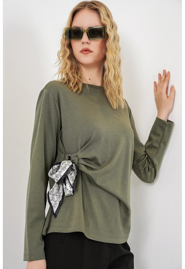 Bluza dama - maneca lunga - detaliu cu snur - verde kaki - viscoza/poliester/elastan