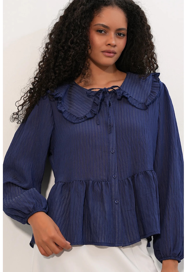 Bluze dama - bluza cu guler tip bebelus - volanase - albastru marin - amestec de viscoza