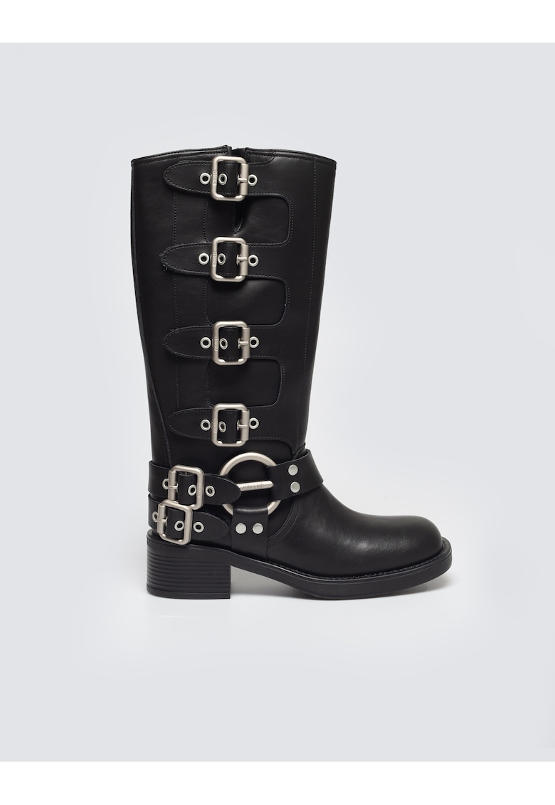 Cizme biker din piele cu catarame