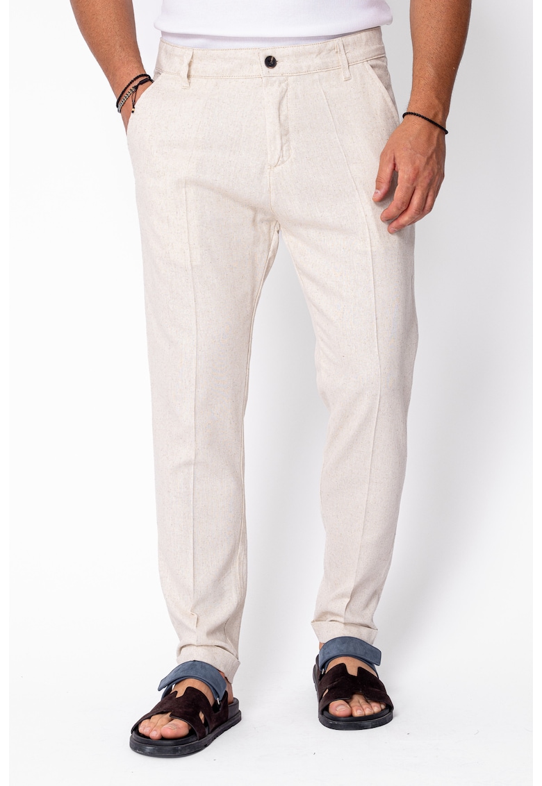 Pantaloni lungi din in cu nasture Beige 21978 - Bej