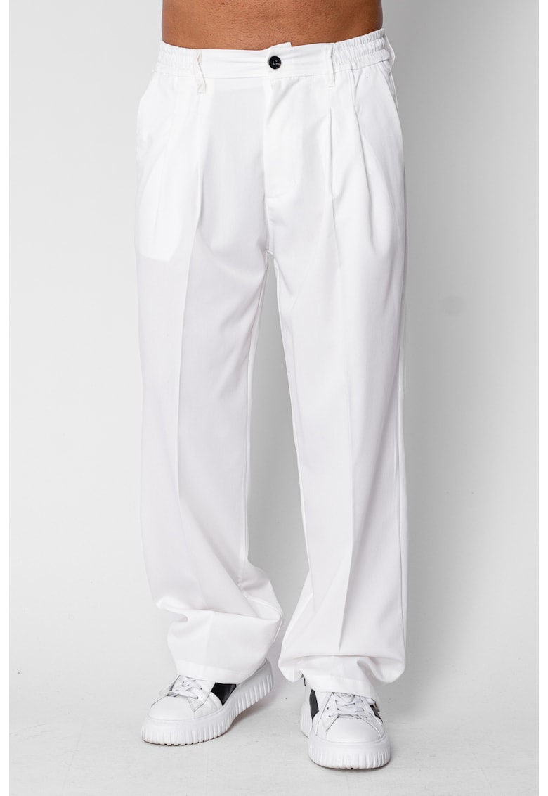 Pantalon lung larg cu nasture White 22028 - Alb optic