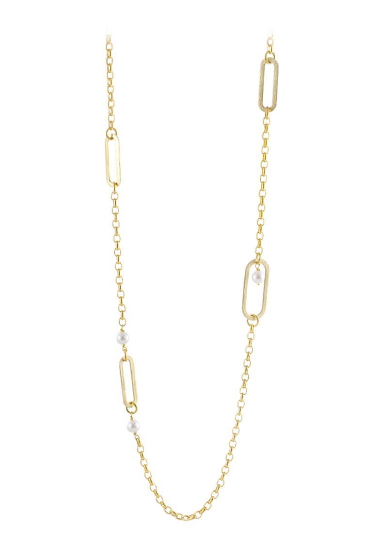 Colier lung placat cu aur de 18K - decorat cu perle sintetice - Alb/Auriu