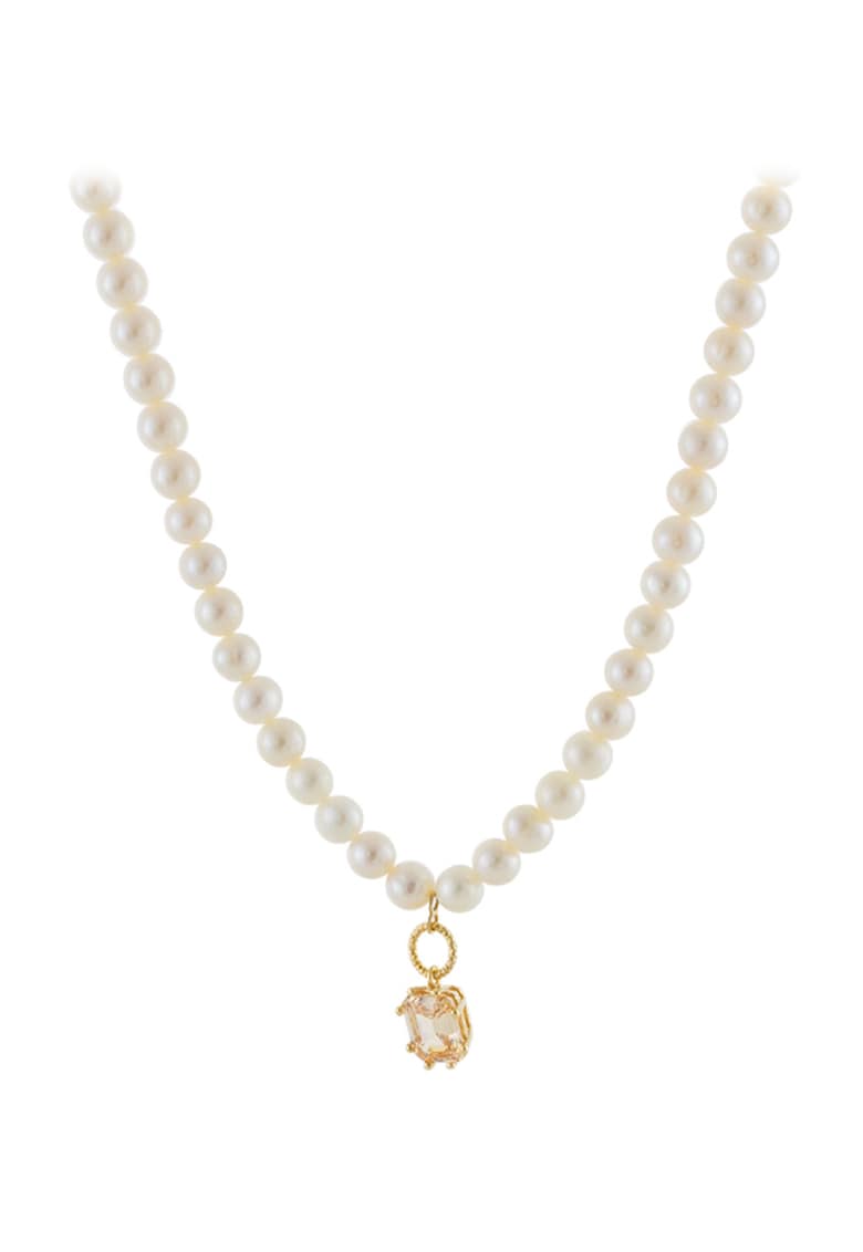 Colier placat cu aur de 18K cu zirconia si perle sintetice - Alb/Auriu