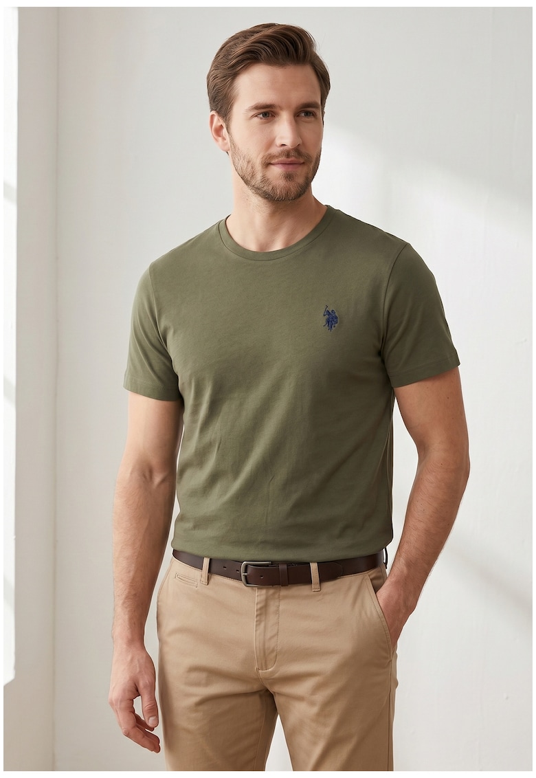Tricou slim fit cu logo brodat - Kaki inchis