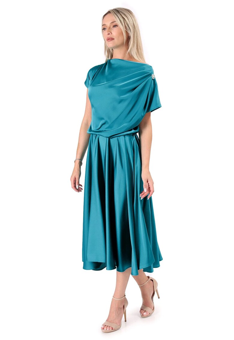 Rochie midi din satin elastic cu decolteu barcuta - Turcoaz
