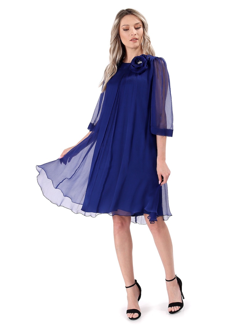 Rochie din voal de matase naturala cu brosa detasabila - Bleumarin