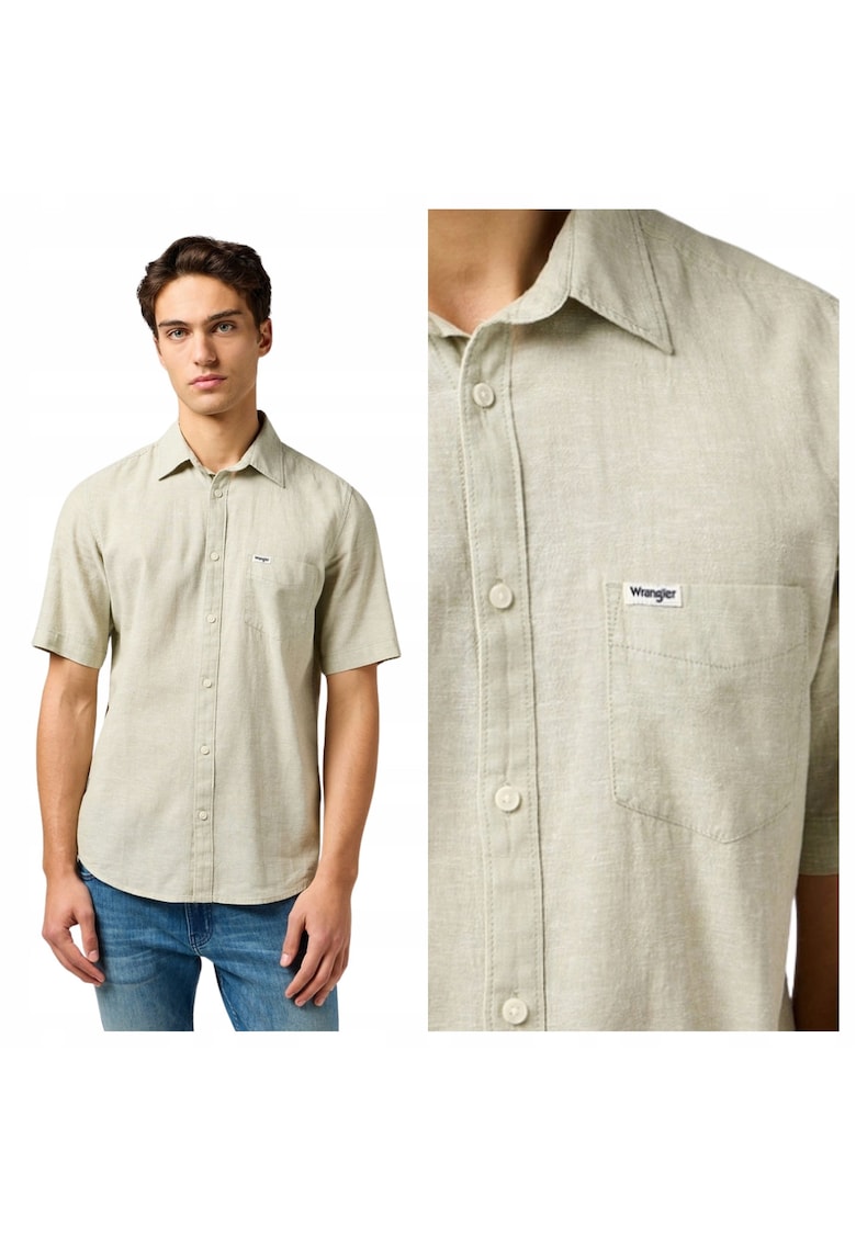 Camasa de vara cu maneca scurta - Marimea S - Verde deschis - Model SS 1 PKT SHIRT - Croiala dreapta regular fit - Nasturi - Material racoros natural realizat din 54% in si 46% bumbac fin