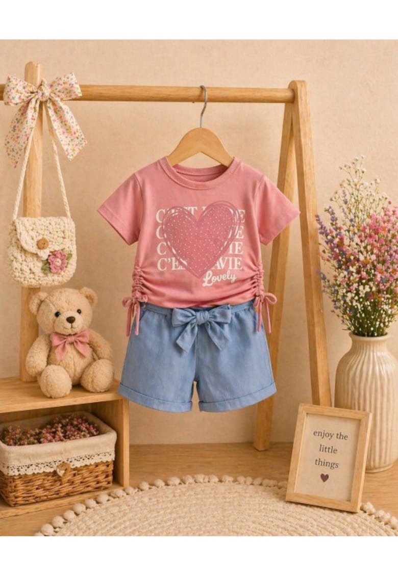 Set pentru fetite MINAMINOKIDS cu pantaloni scurti denim - Heart - Multicolor