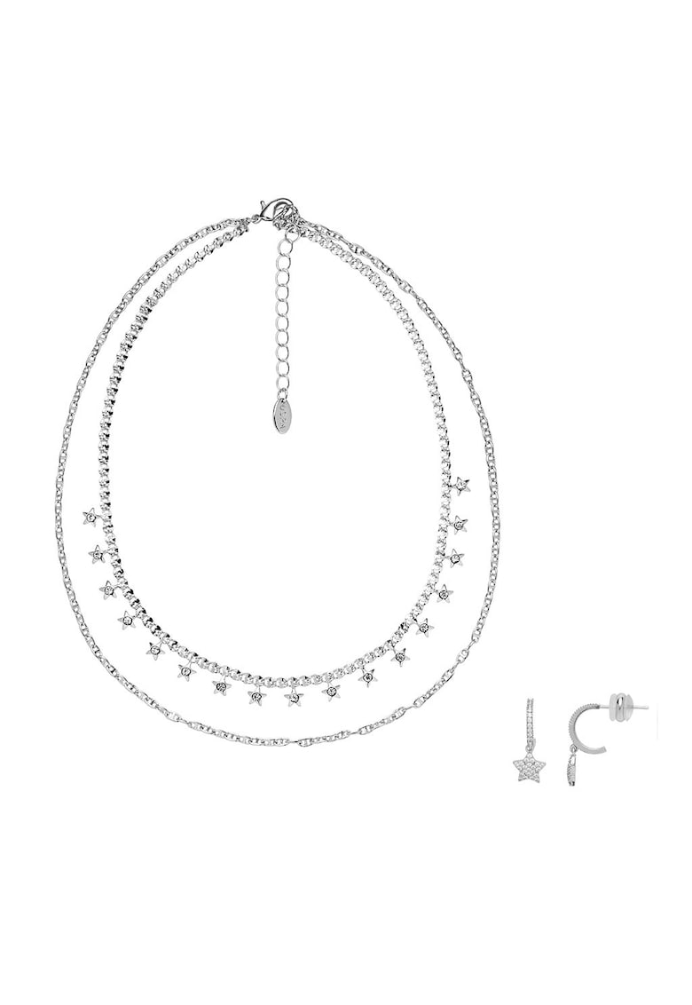 Set de cercei si colier cu siraguri multiple din metal placati cu rodiu - Argintiu