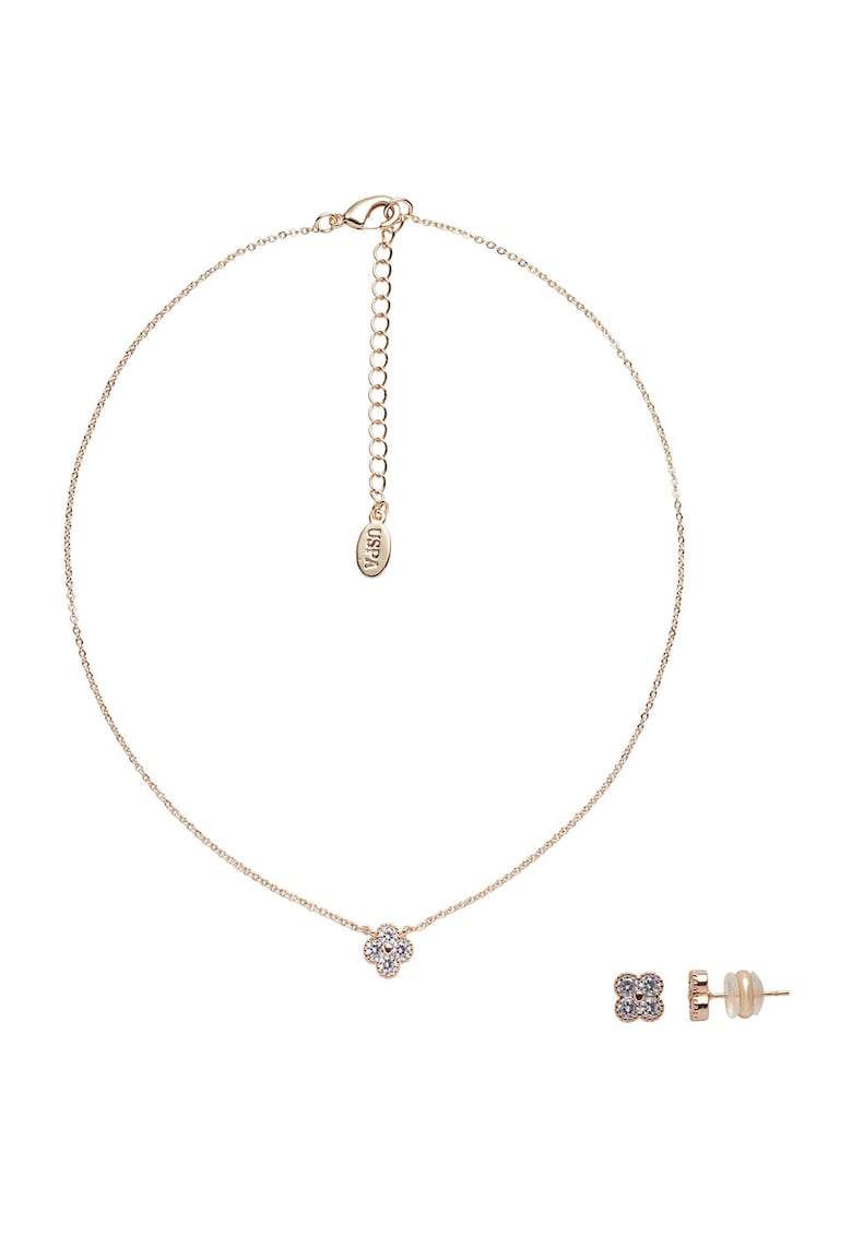 Set de cercei si colier din metal cu pandative cu cristale in forma de floare - Bronz