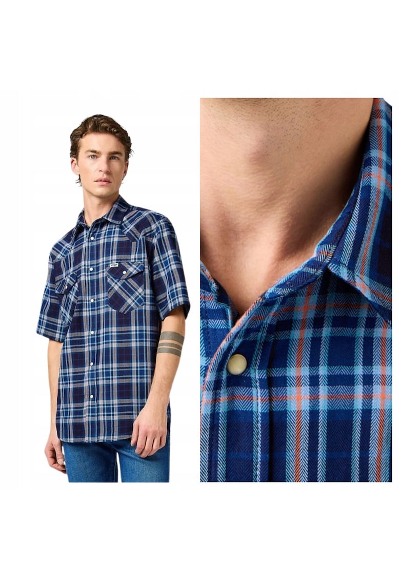 Camasa stil western pentru barbati - Marimea S - Albastru - Model SS WESTERN SHIRT cu maneca scurta - Croiala standard regular fit - Material 100% bumbac rezistent - Un buzunar frontal