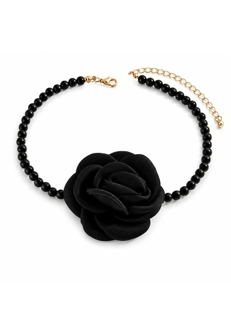 Colier choker - negru - cu perle si floare - Acacia C4