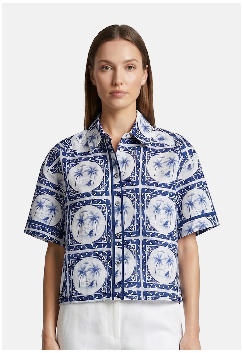 Camasa cu maneci scurte si imprimeu tropical - Bleumarin