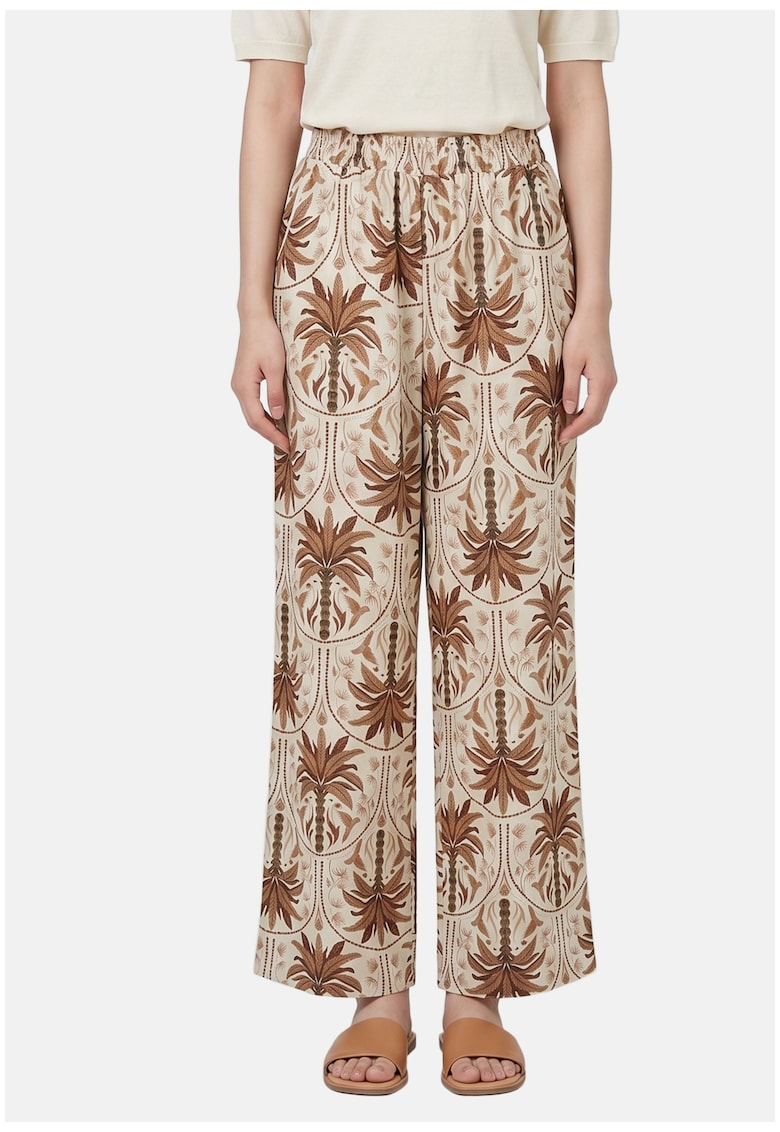 Pantaloni cu croiala ampla si model tropical - Maro taupe