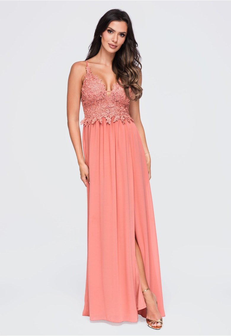 Rochie maxi eleganta cu decolteu adanc - cu aplicatii din dantela - LA-OM-DLR420 - Roz
