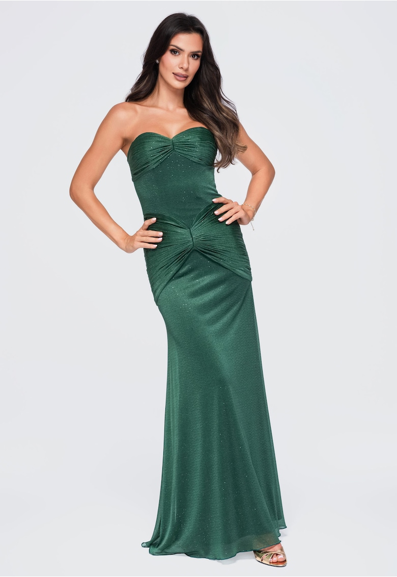 Rochie de seara maxi eleganta fara bretele - cu detalii fronsate - Verde