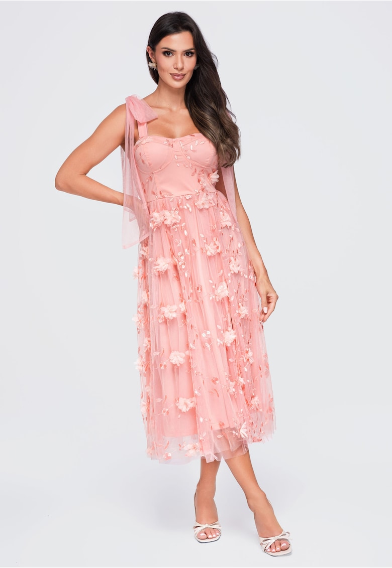 Rochie midi eleganta - de ocazie - cu aplicatii florale si strat exterior de tul vaporos - Roz