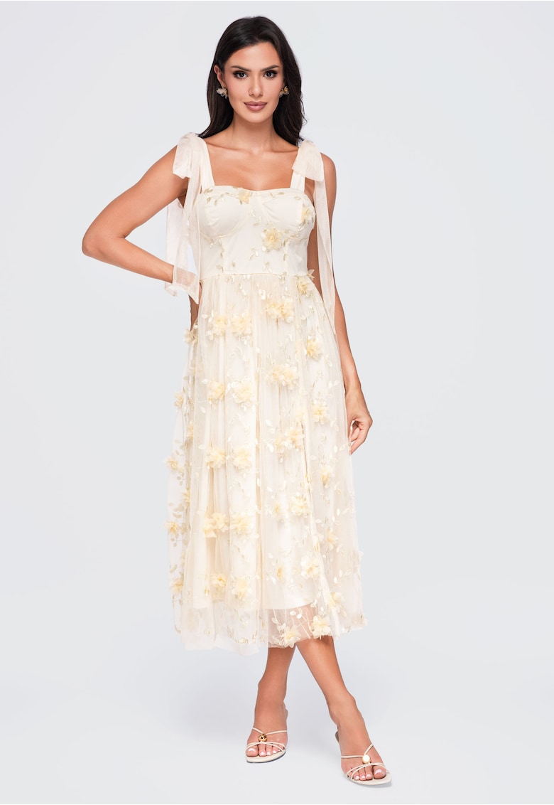 Rochie midi eleganta - de ocazie - cu aplicatii florale si strat exterior de tul vaporos - Crem