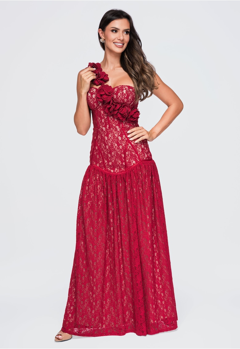 Rochie maxi eleganta cu decolteu sweetheart si aplicatii florale LA-OM-DLR429 - Visiniu