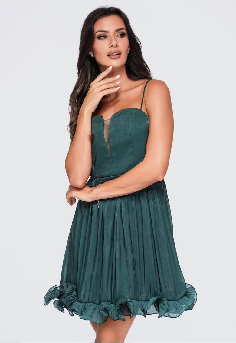 Rochie mini de cocktail cu guler tip V si bretele subtiri - Verde