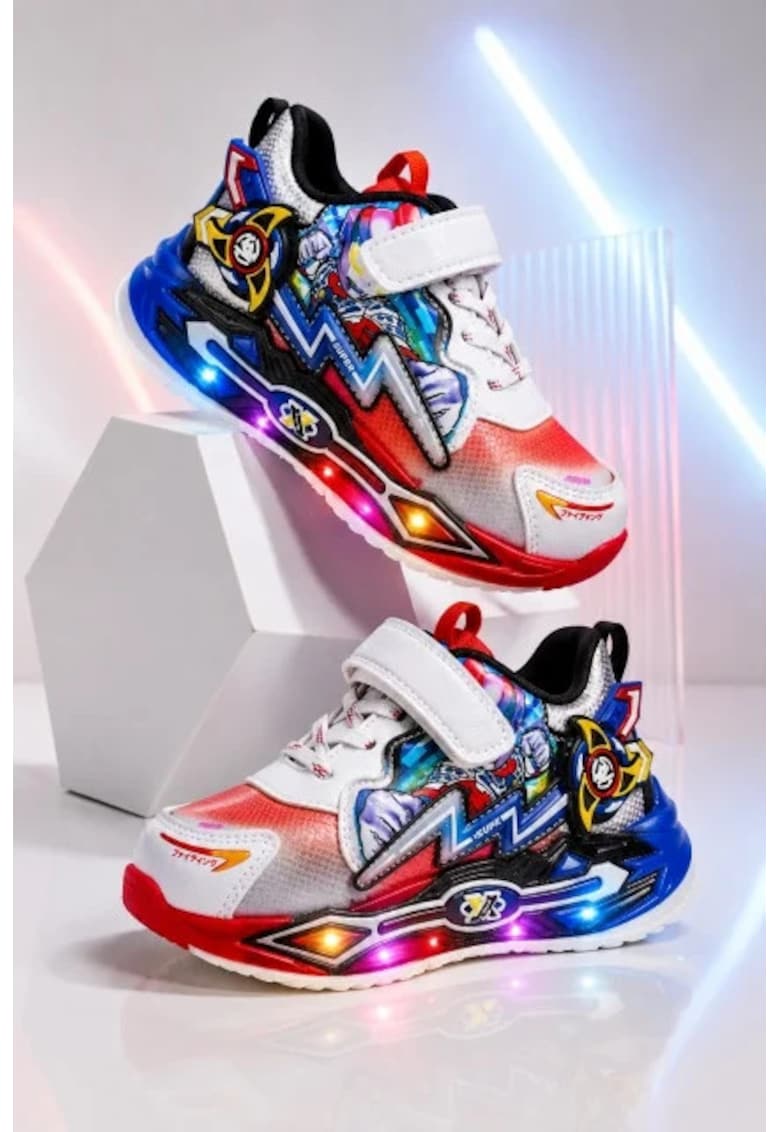 Adidasi cu lumini LED - Model Super Erou - Baieti - Piele ecologica - cu elemente 3D - Multicolori - Multicolor