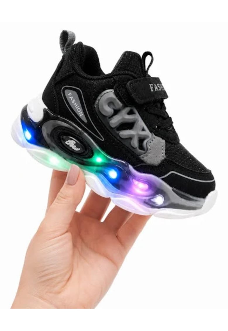 Adidasi cu lumini Led - Model Cyx - Baieti - Piele ecologica - Negru - Negru