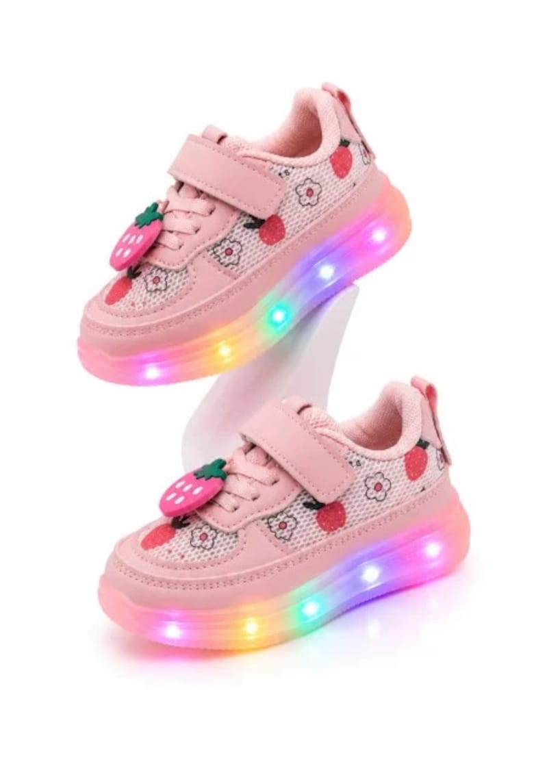 Pantofi sport cu lumini LED - model cu capsuni - Fete - Piele ecologica si textil - roz - Roz