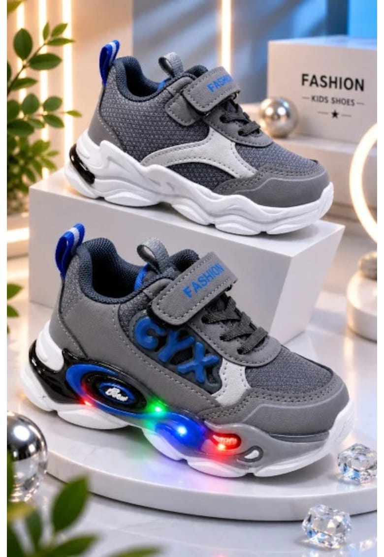 Adidasi cu lumini LED - Model Cyx - Baieti - piele ecologica - gri - Gri