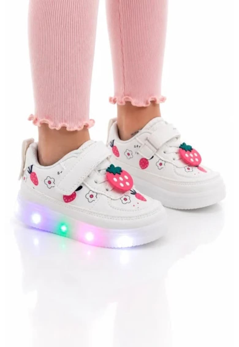 Pantofi sport cu lumini LED - Model Capsunele - Piele ecologica - fete - alb - Multicolor