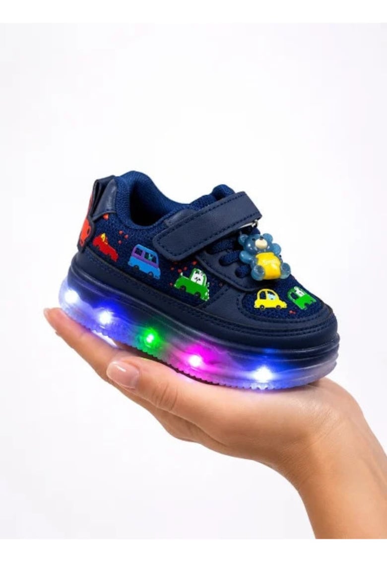 Pantofi sport cu lumini LED - Model Masinute - piele ecologica si textil - Baieti - Bleumarin - Bleumarin