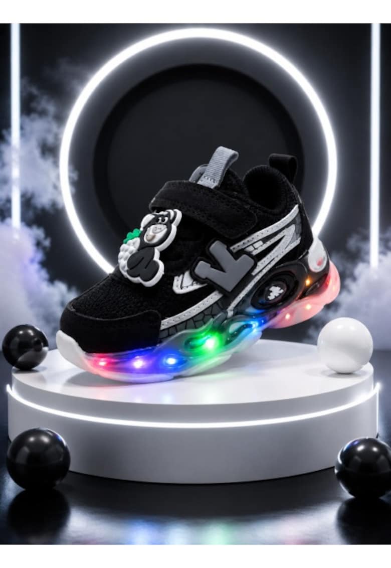 Pantofi sport cu lumini LED - Model accesoriu cu ursulet - Piele ecologica - Negru - Negru