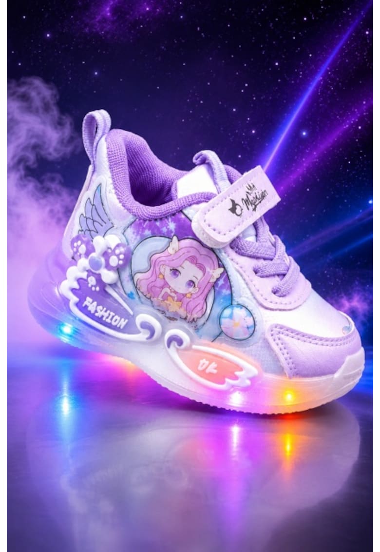 Pantofi cu luminite LED - Model Papusica cu invartitoare - Piele ecologica - Fete - Mov - Mov